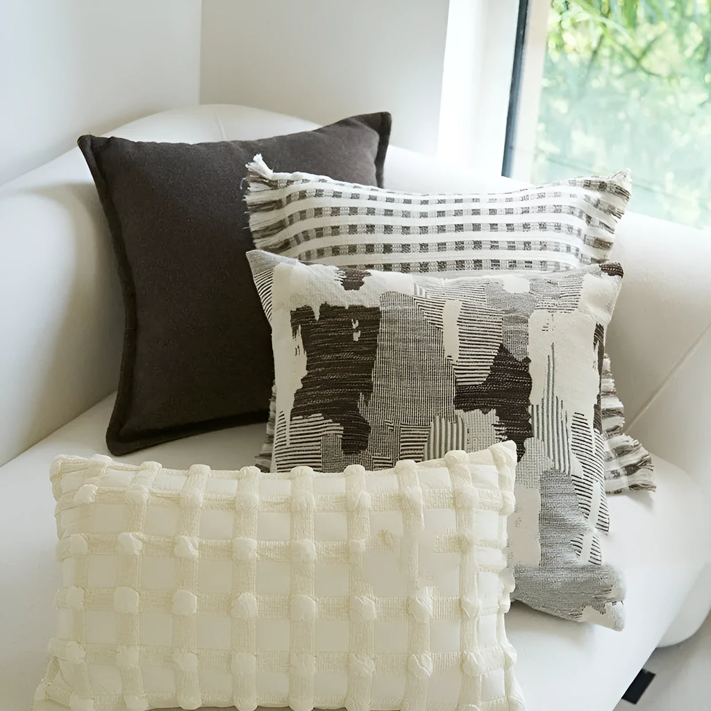 Coffee brown mid-century modern striped cushion on a sofa, showing 30x50cm and 45x45cm size options.