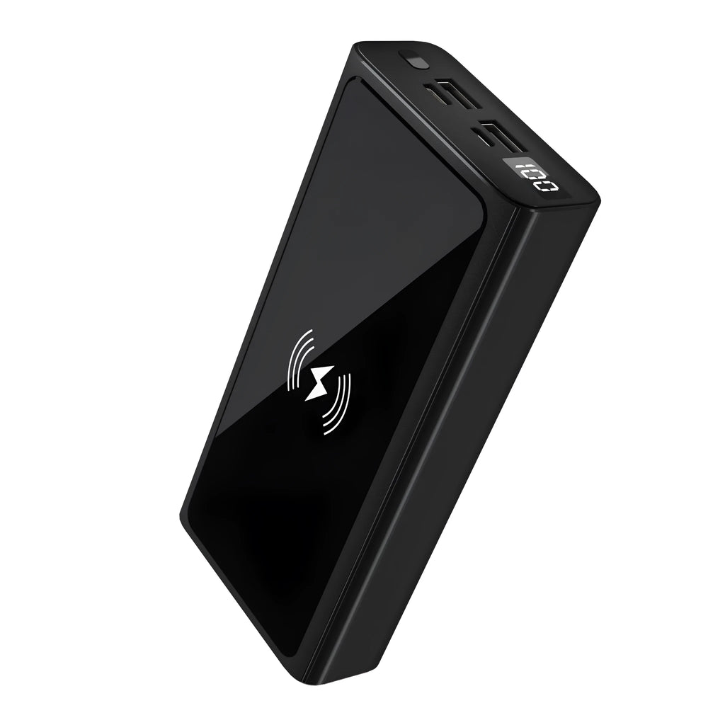 Black and blue alloy shell 10000mAh power bank with wireless charging function.
