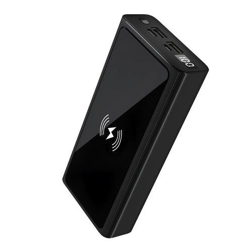 Black and blue alloy shell 10000mAh power bank with wireless charging function.