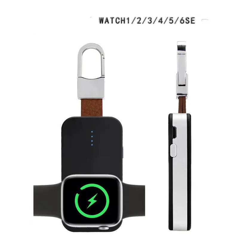 Black portable wireless power bank keychain for charging Apple Watch on a keyring.
