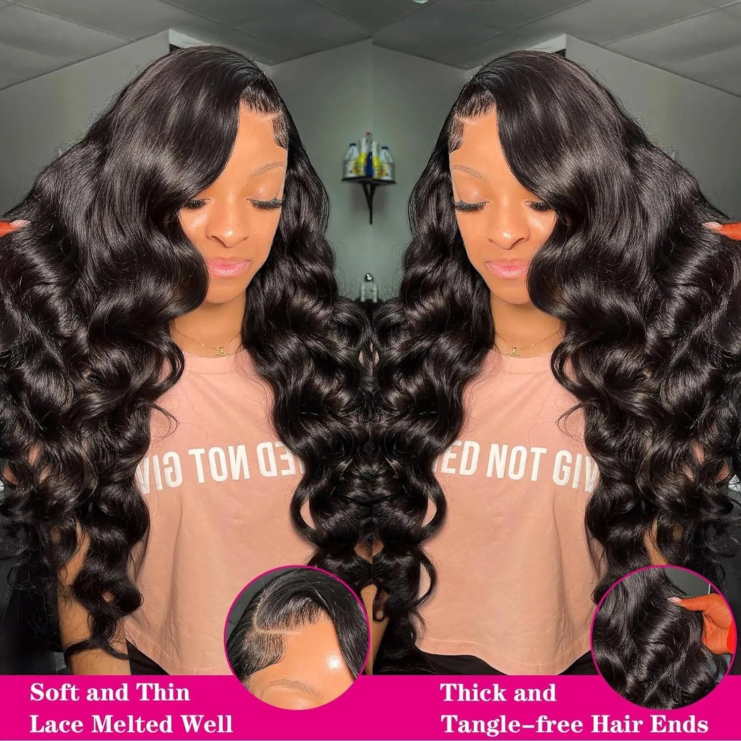 A black, medium-long curly wave full-head synthetic wig for ladies on a stand.