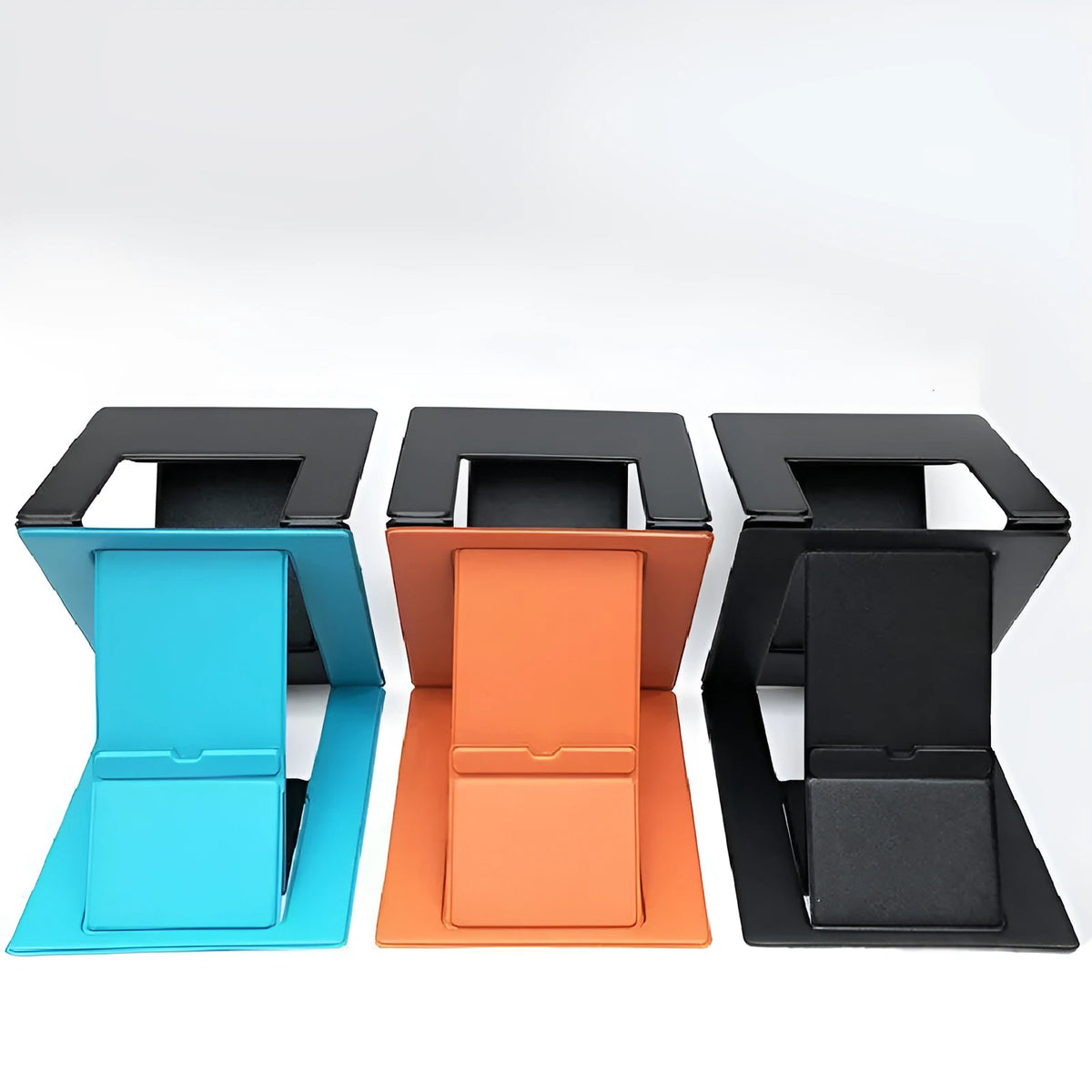 Multi angle adjustable folding laptop stand in black, blue, and orange colours