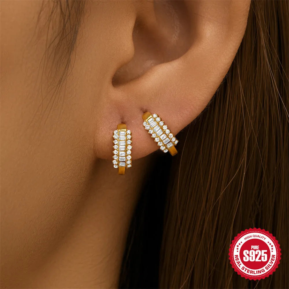 Sterling silver geometric diamond stud earrings with circular design in gold or silver electroplated finish
