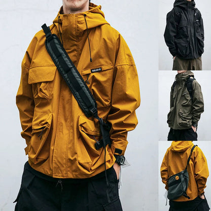 Men's loose hooded jacket with three-dimensional pockets in black, yellow, and green