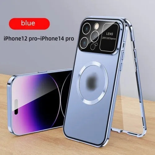 Metal peep-proof phone case with magnetic window for iPhone 16, black finish, all-inclusive design