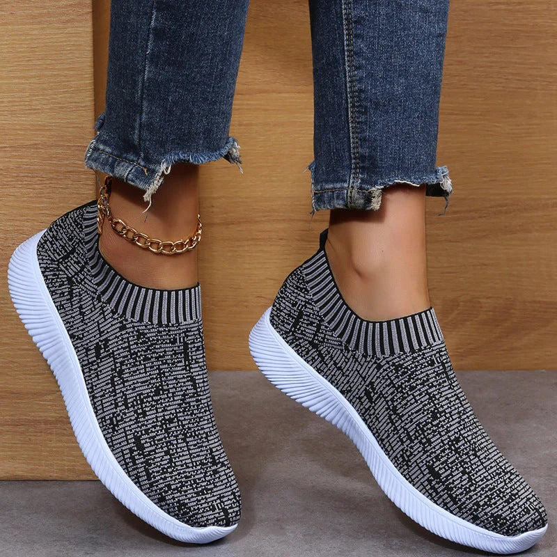 Stripe knit sock shoes in white, grey, and flower colour for running and walking