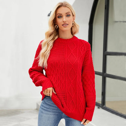 Women's casual round-neck pullover sweater with cable-knot pattern in red, white, yellow, and black