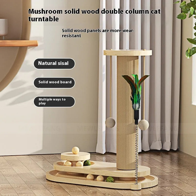 Solid wood cat scratching post with a central oval-shaped turntable platform for cats to play on.