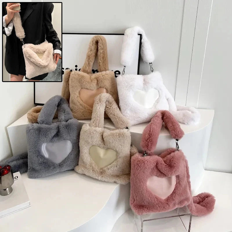Women's fluffy plush shoulder bag with detachable straps in multiple colors