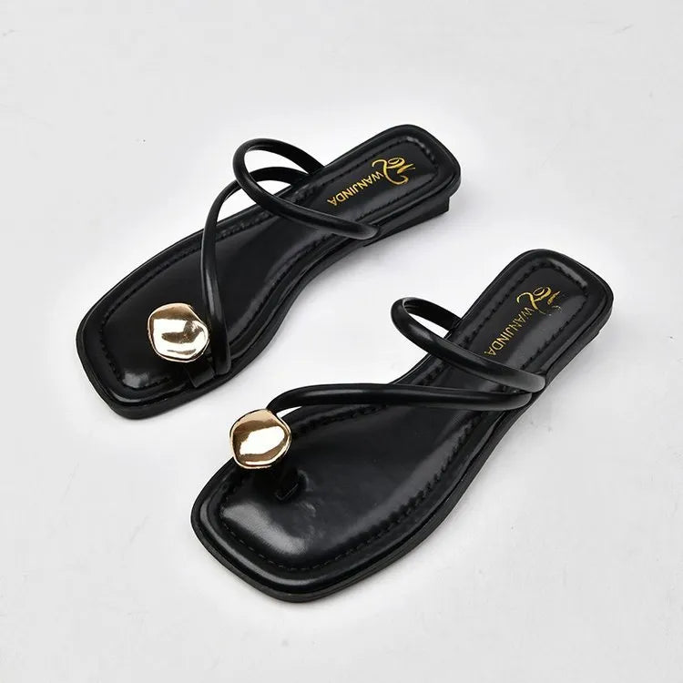 French style women's flat sandals with metal toe covering in Beige White, artificial PU upper, rubber sole