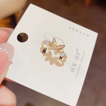 Gold plated diamond inlaid butterfly ring for women, adjustable size, elegant design