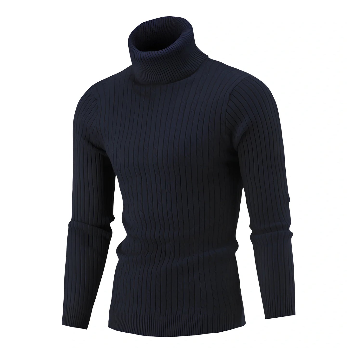 Slim-fit men's knitted turtleneck sweater in navy blue, high collar, long sleeves 58 cm, bust 104 cm for XL size