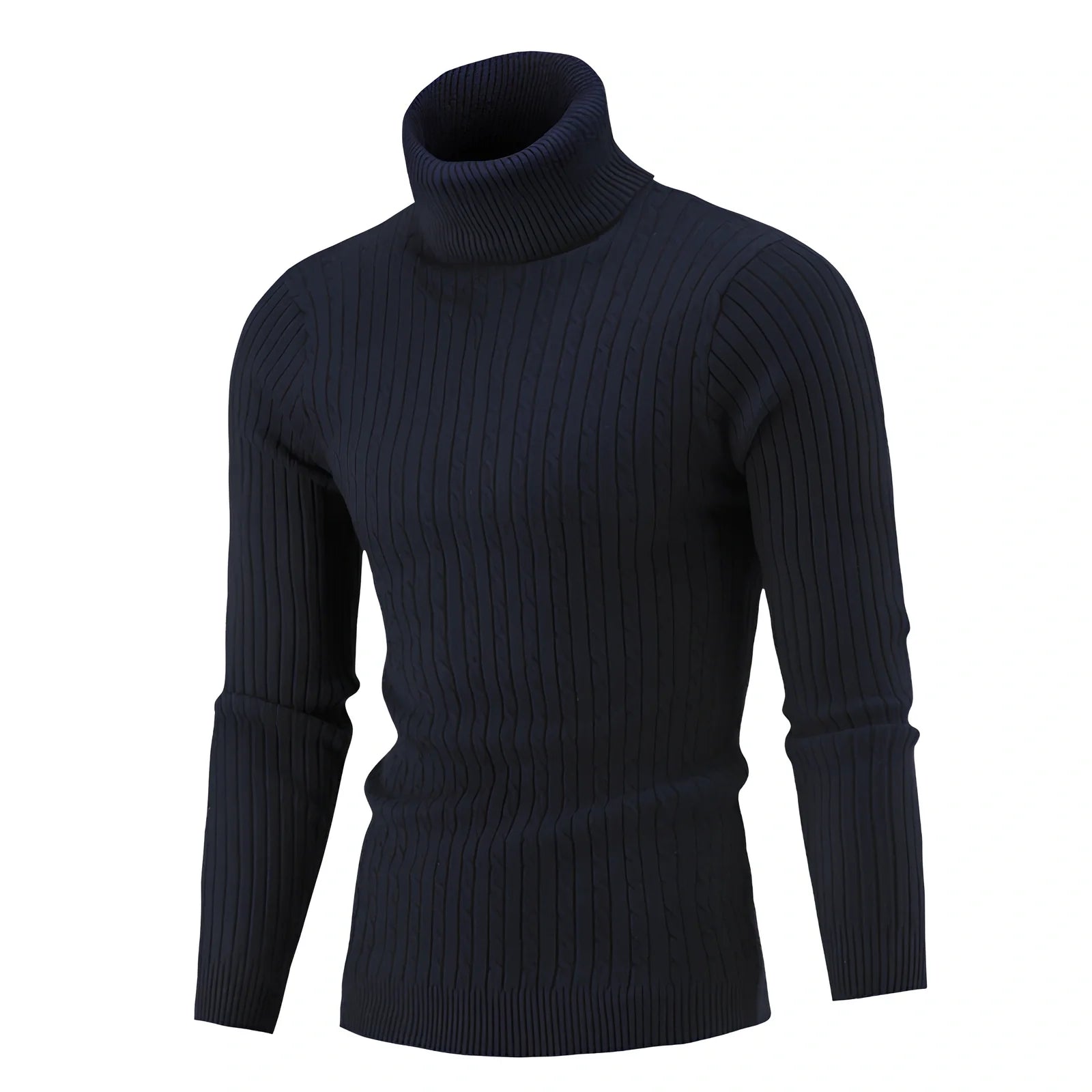 Slim-fit men's knitted turtleneck sweater in navy blue, high collar, long sleeves 58 cm, bust 104 cm for XL size