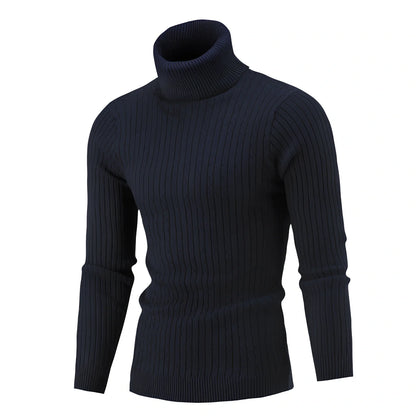 Slim-fit men's knitted turtleneck sweater in navy blue, high collar, long sleeves 58 cm, bust 104 cm for XL size
