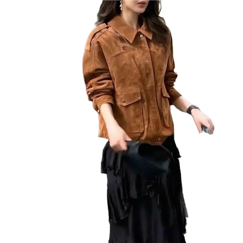 Women's brown suede coat with regular sleeves in street chic style showing front view