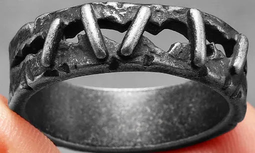 Close-up of a stainless steel double ring with a dark punk stitching design, shown in Style 2 colour.