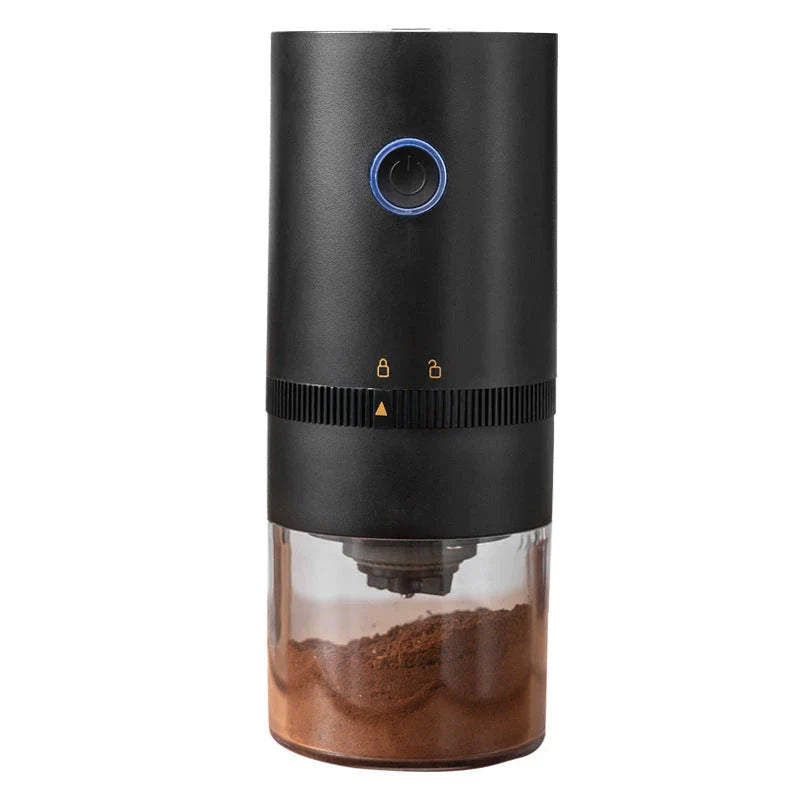 Portable electric coffee grinder with USB-C charging, adjustable grind settings, and dishwasher-safe removable bins