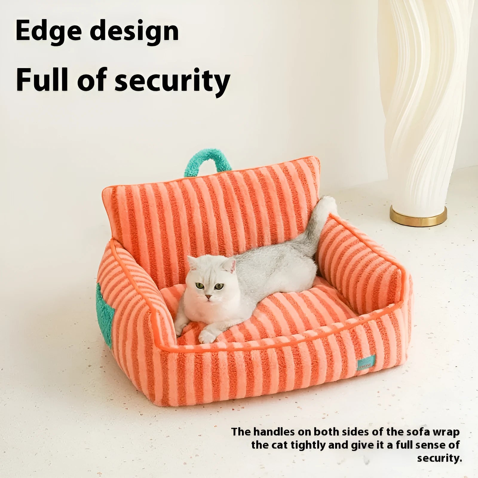 Striped soft velvet pet bed for dogs and cats in orange, purple, or yellow with a removable cover.