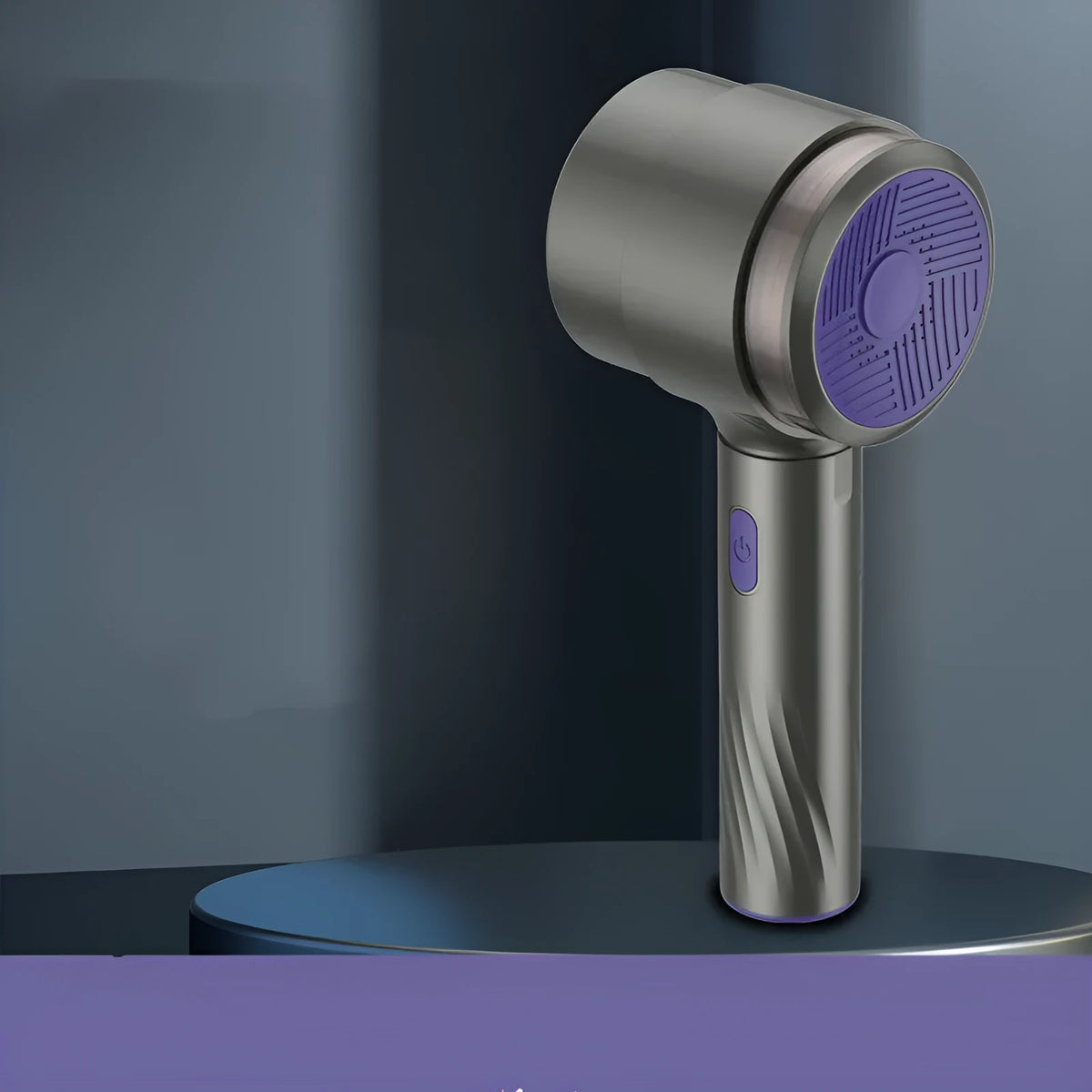 Blue purple electric hairball trimmer with suction and USB charging on a sweater