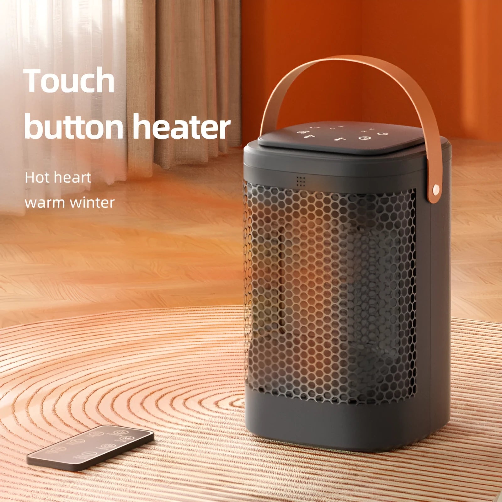 White hot and cold air heating radiator with digital touch screen and remote control on a table.