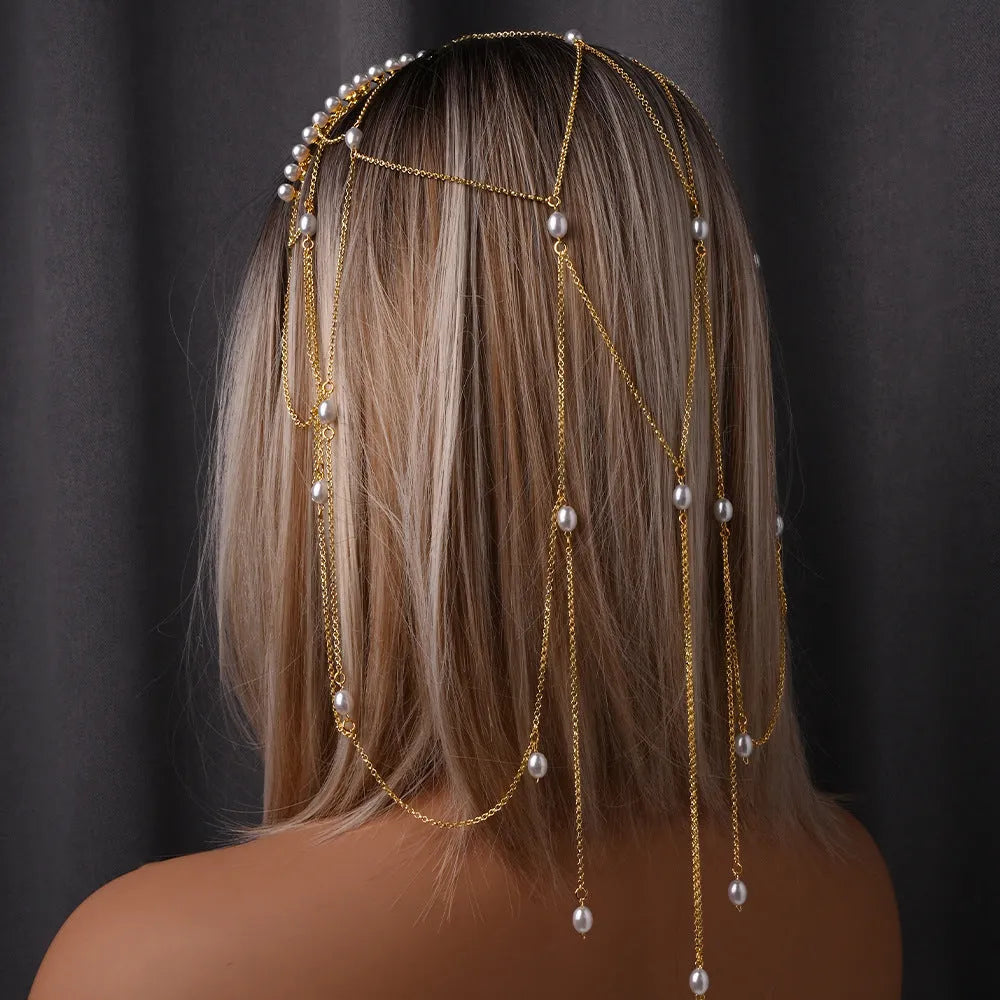 Women's hair chain with mesh tassel design featuring pearl beads and electroplated metal in gold or silver colour