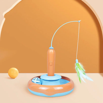 Interactive 2-in-1 cat toy with feather and turntable for self-play, safe and durable design