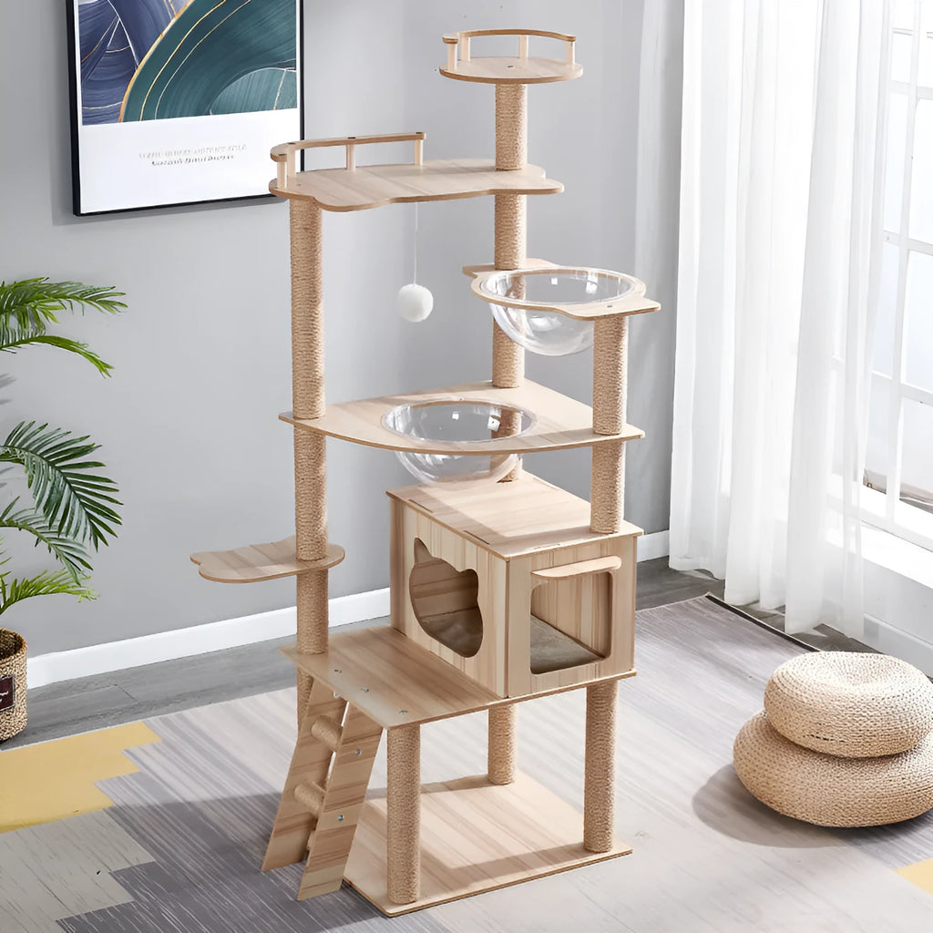 Plush cat climbing frame with nest and scratch board in indoor setting