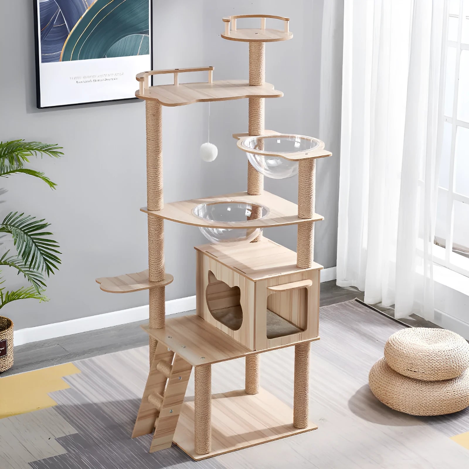Plush cat climbing frame with nest and scratch board in indoor setting