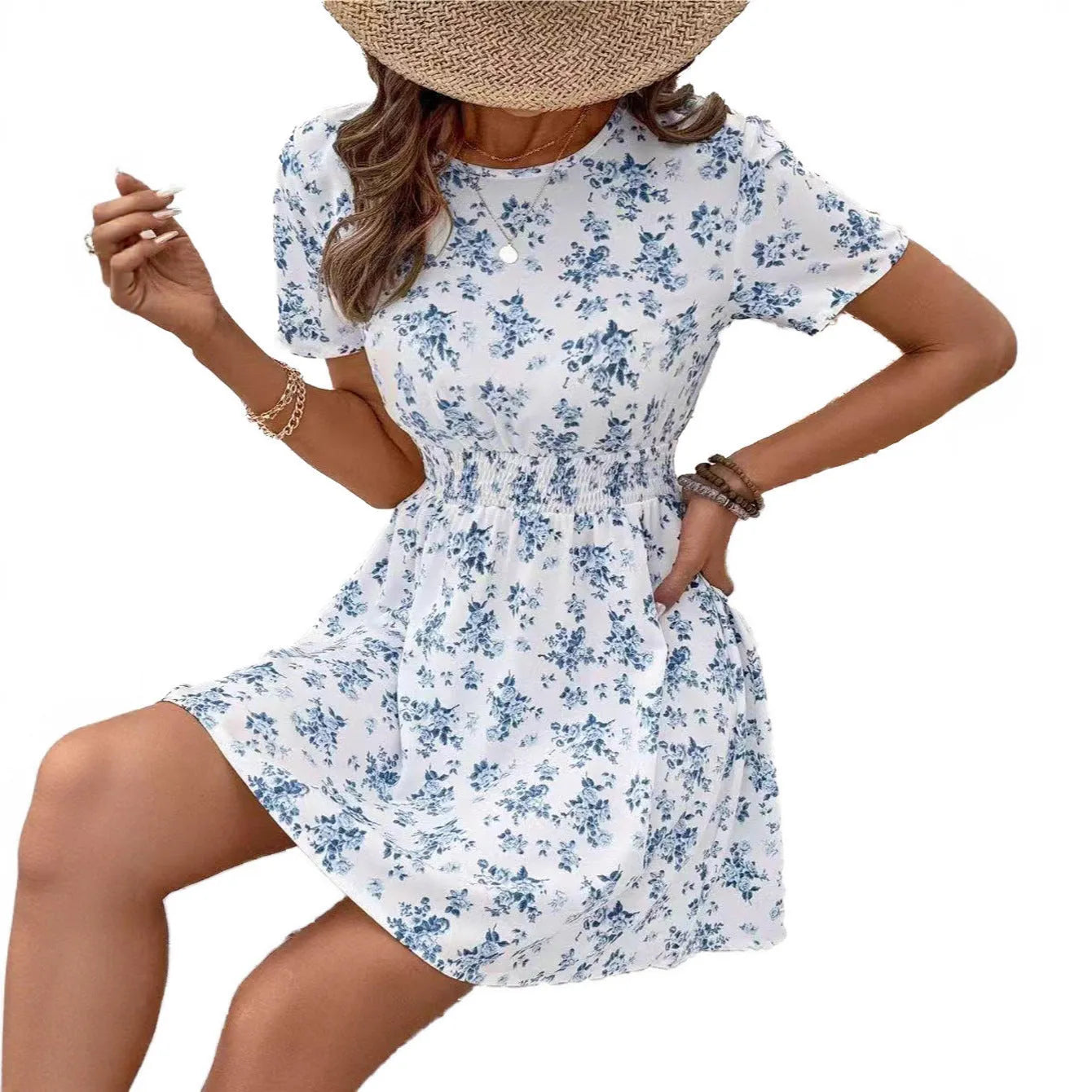 Light blue high waist A-line midi dress with regular sleeves on a hanger.