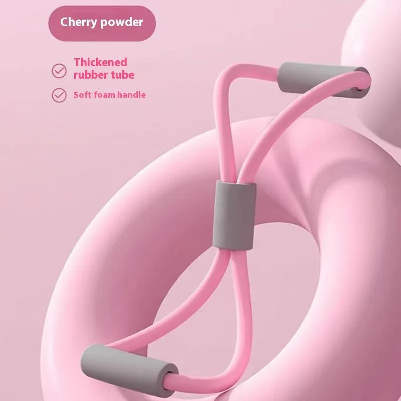 Yoga four piece set showing leg beauty device, yoga ring, pedal tension device and figure eight tension rope.
