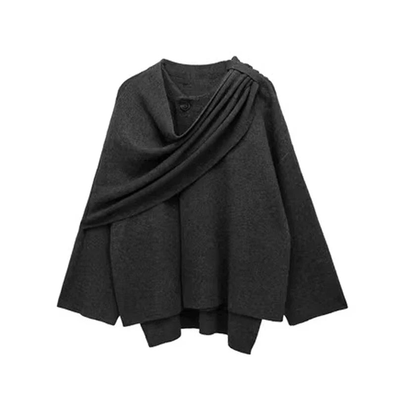 Women's knitted cardigan with asymmetrical scarf design in black and coffee colours