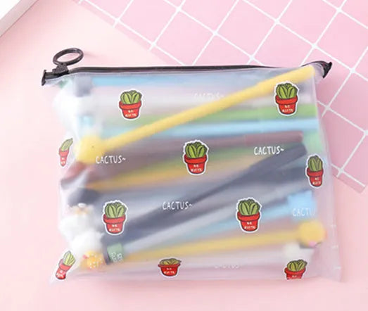 Twenty colourful cartoon cactus pens with Marvel designs in plastic storage case