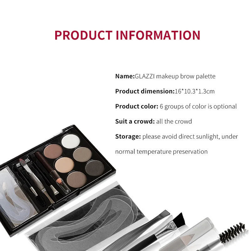 GLAZZI eyebrow palette with six shades, stencils, and brushes for perfect eyebrows
