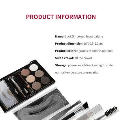 GLAZZI eyebrow palette with six shades, stencils, and brushes for perfect eyebrows