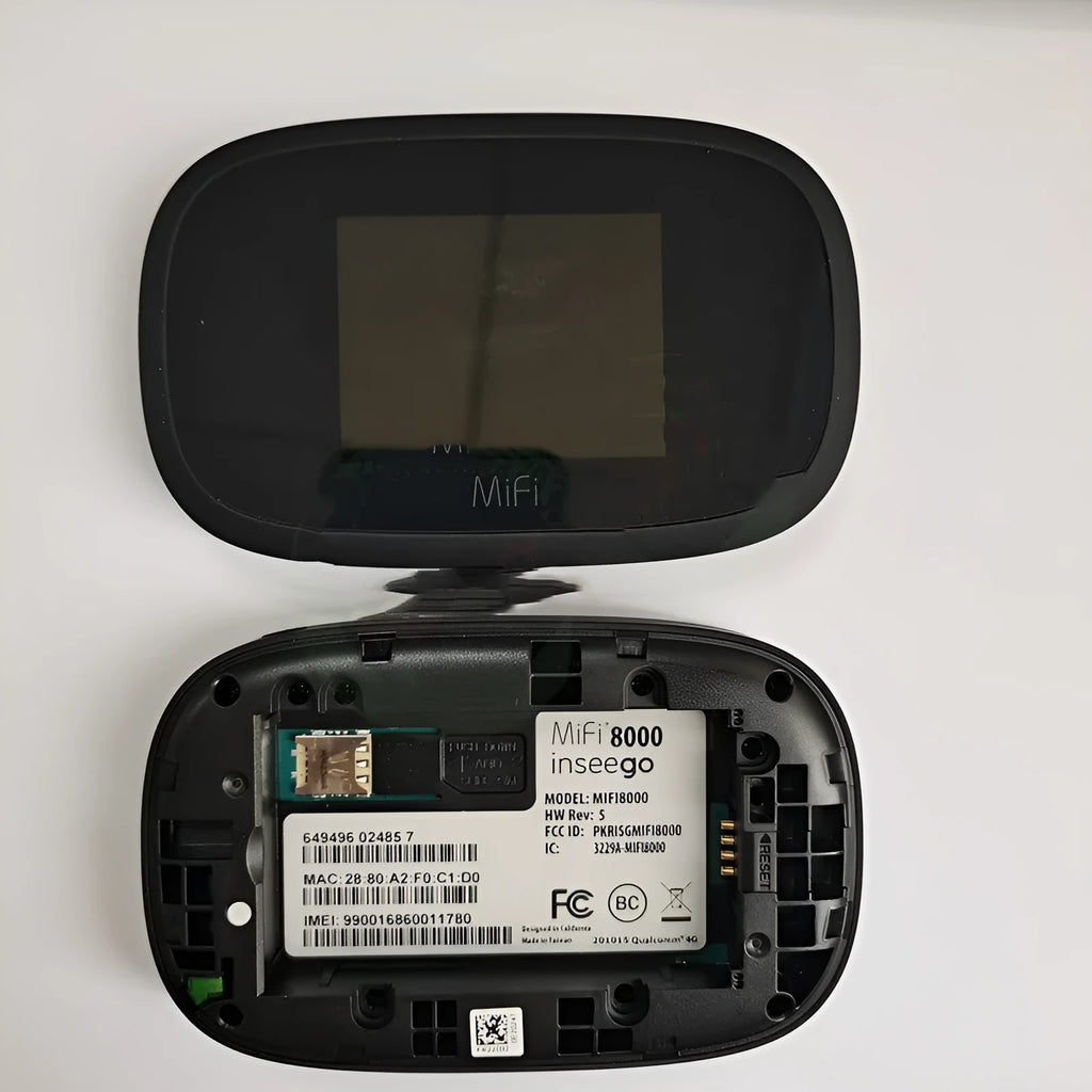 Black MiFi8000 portable 4G wireless router with compact rectangular design on a white background.