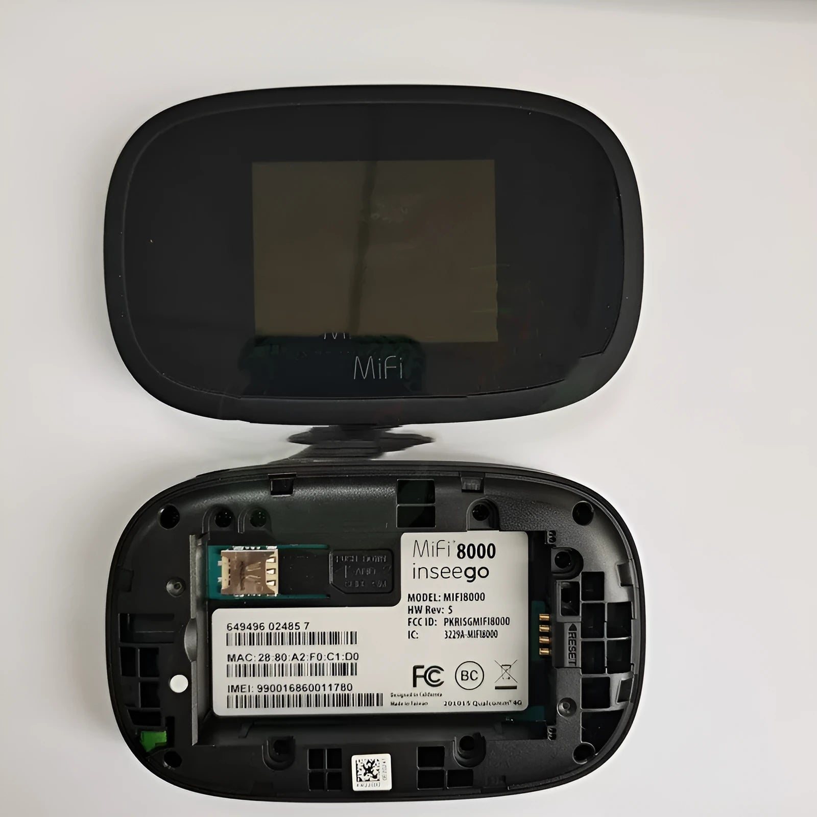 Black MiFi8000 portable 4G wireless router with compact rectangular design on a white background.