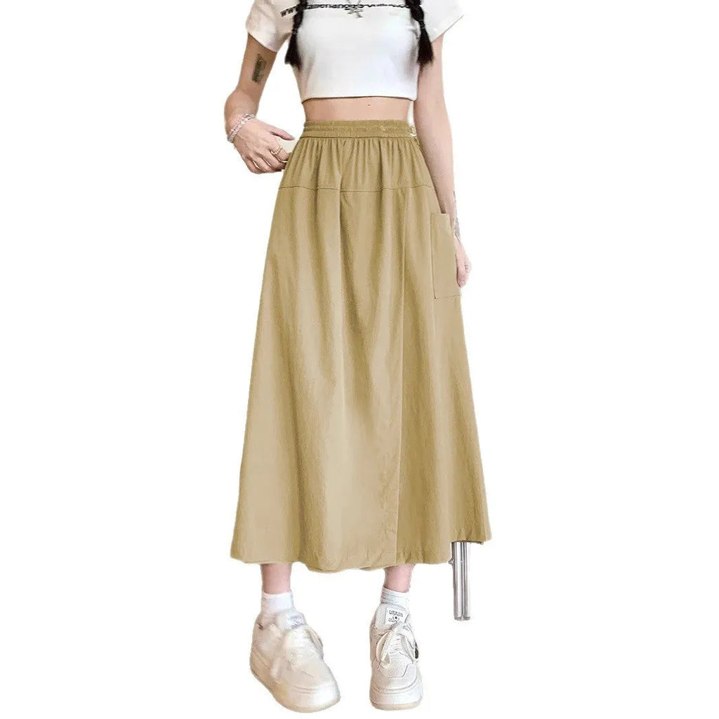 Women's camel-coloured wide-leg skirt with elastic waist in Japanese Korean casual style