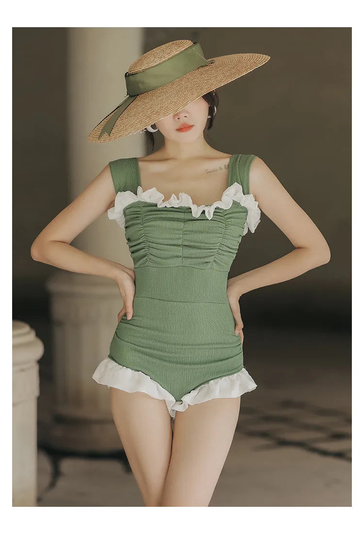 Korean style high waist one-piece swimsuit in quick-drying polyester fabric, available in black, green, or pink