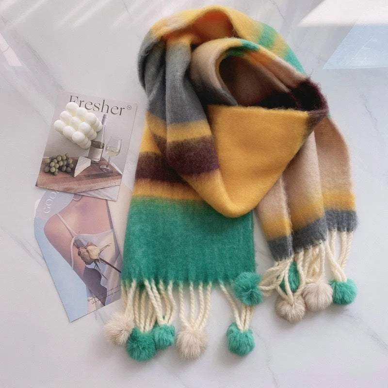 Rainbow Dopamine Mohair Tassel Scarf in vibrant colours, perfect for winter