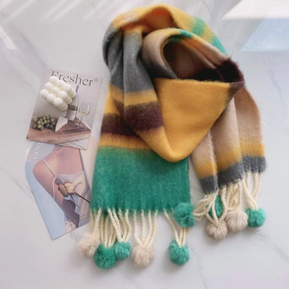 Rainbow Dopamine Mohair Tassel Scarf in vibrant colours, perfect for winter