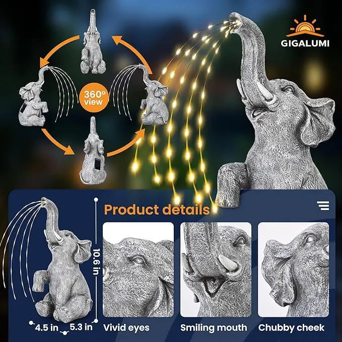 Resin elephant outdoor garden statue with built-in LED lighting strip.