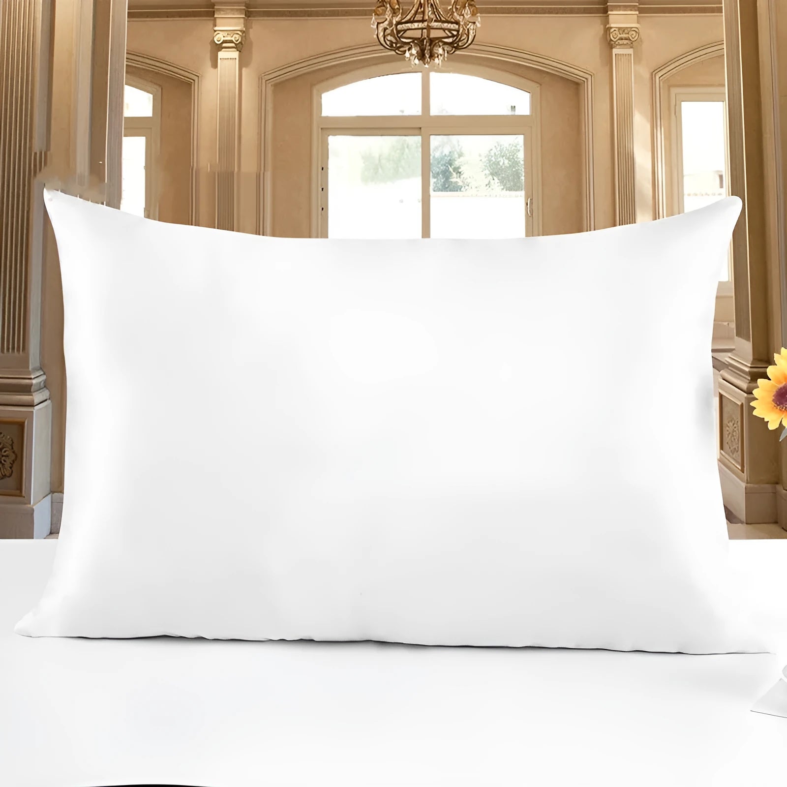 19 M double-sided silk pillowcase shown in one of 14 colours, including apricot, champagne, and navy blue.