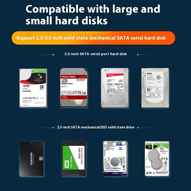 3.5 inch SATA hard disk enclosure with USB 3.0 port, sliding cover, and included power supply and cable.