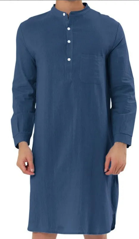 Men's simple cotton shirt robe with a front pocket, shown in a choice of colours