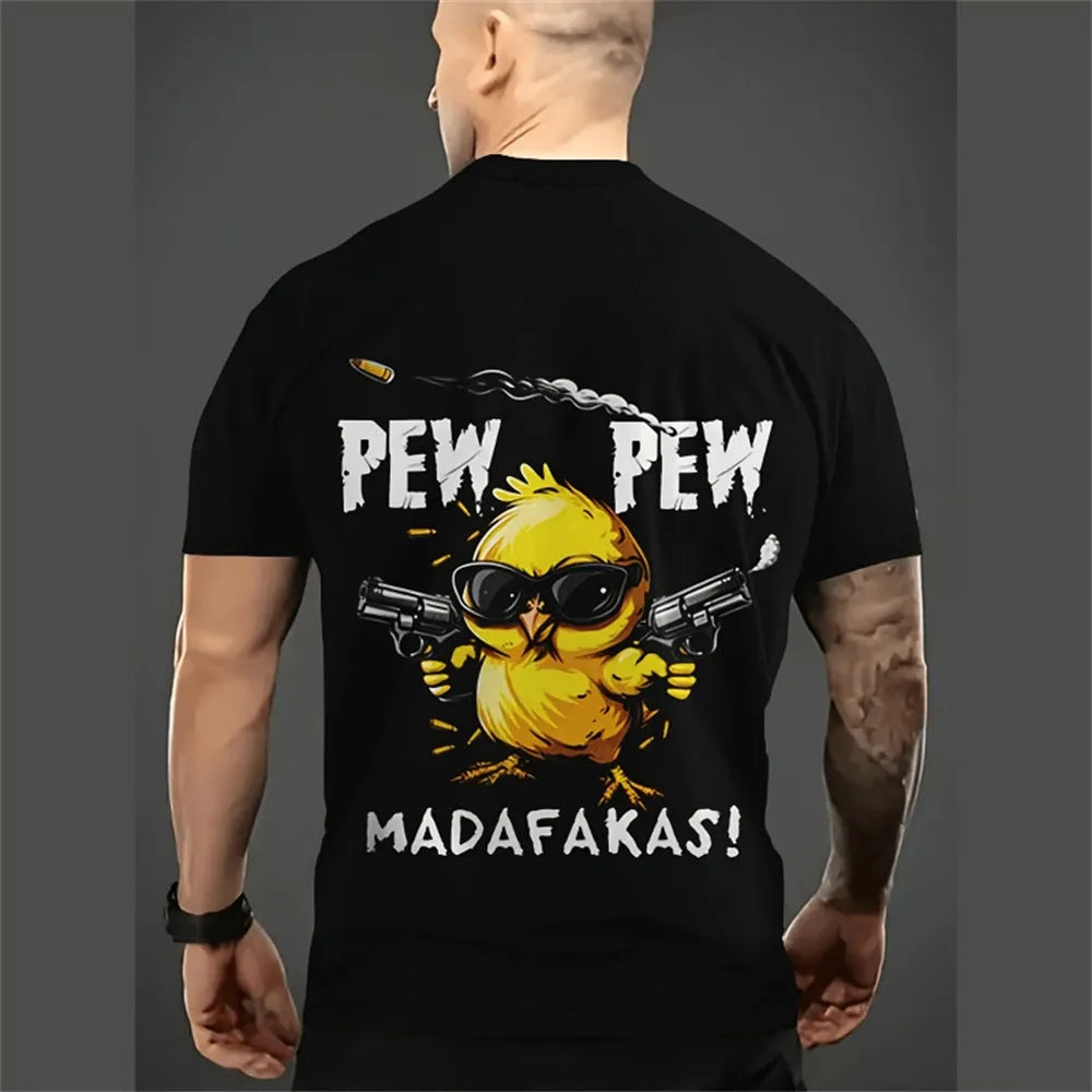 Man wearing a loose-fit grey t-shirt with a large colourful cartoon 3D print on the front.