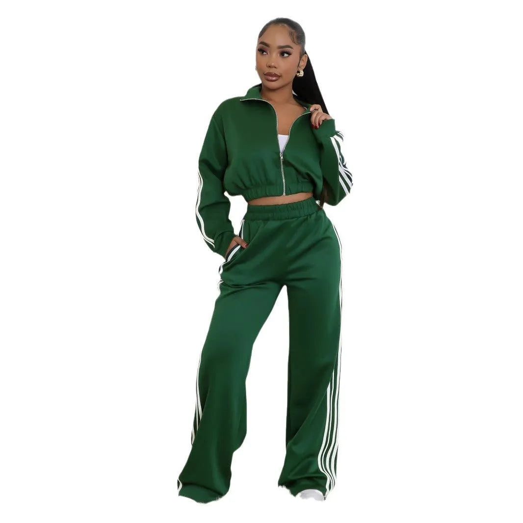 Women's striped sweater and zipper jacket two-piece suit set in polyester fabric