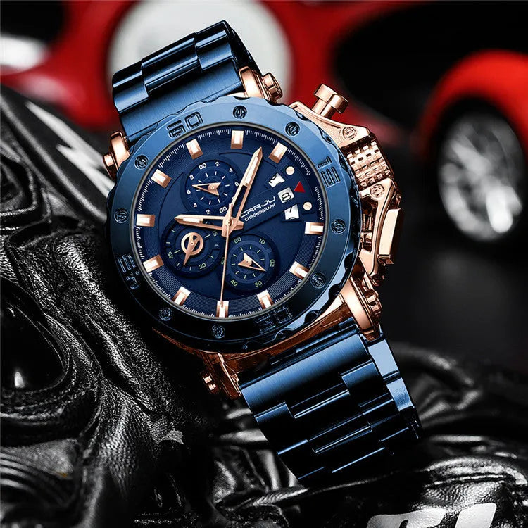 Men's quartz watch with oversized 4.7cm dial, solid stainless steel band, and blue face