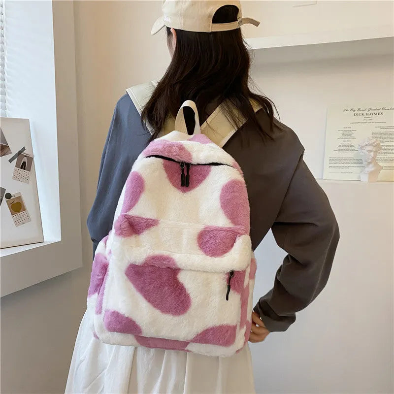 Plush furry backpack in khaki with heart-shaped pattern and front pocket, soft daypack for women