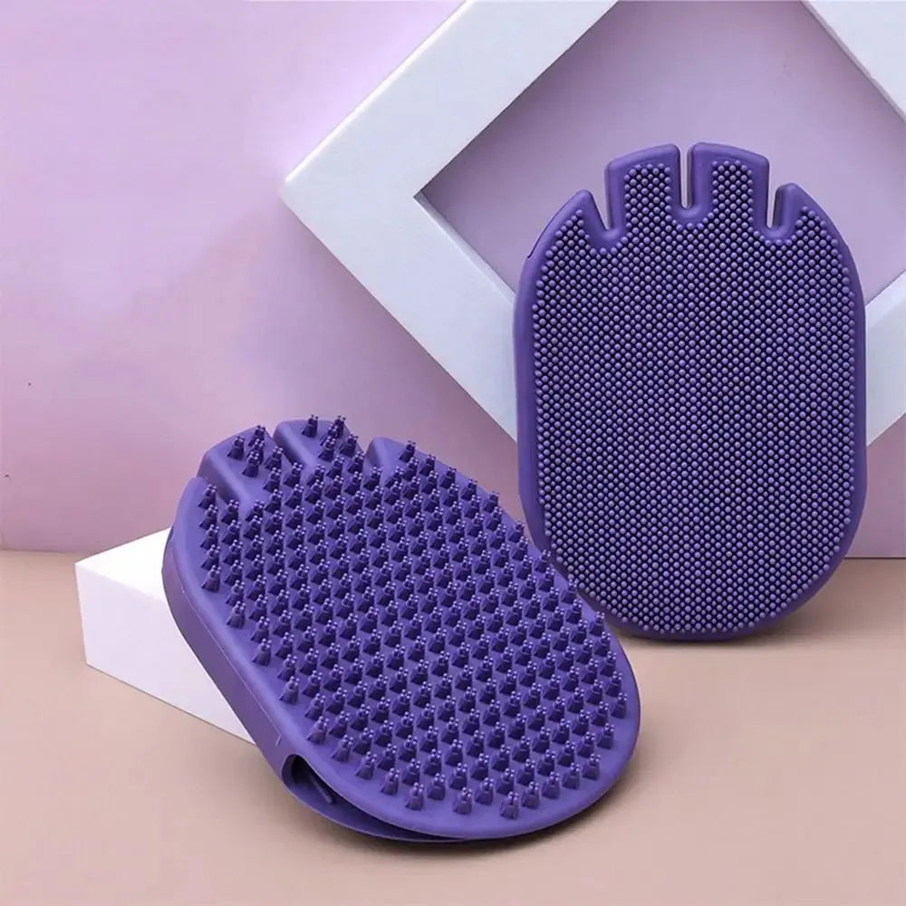 Purple pet grooming brush with soft silicone bristles and ergonomic TPR handle