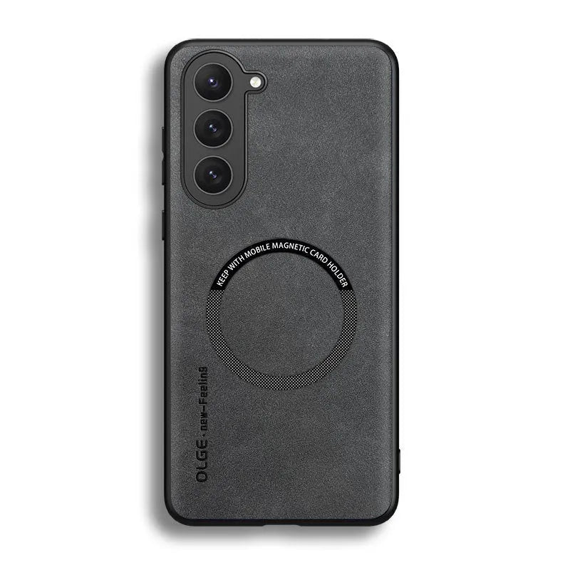 Samsung Galaxy phone case in graphite black with magnetic ring and imitation leather finish